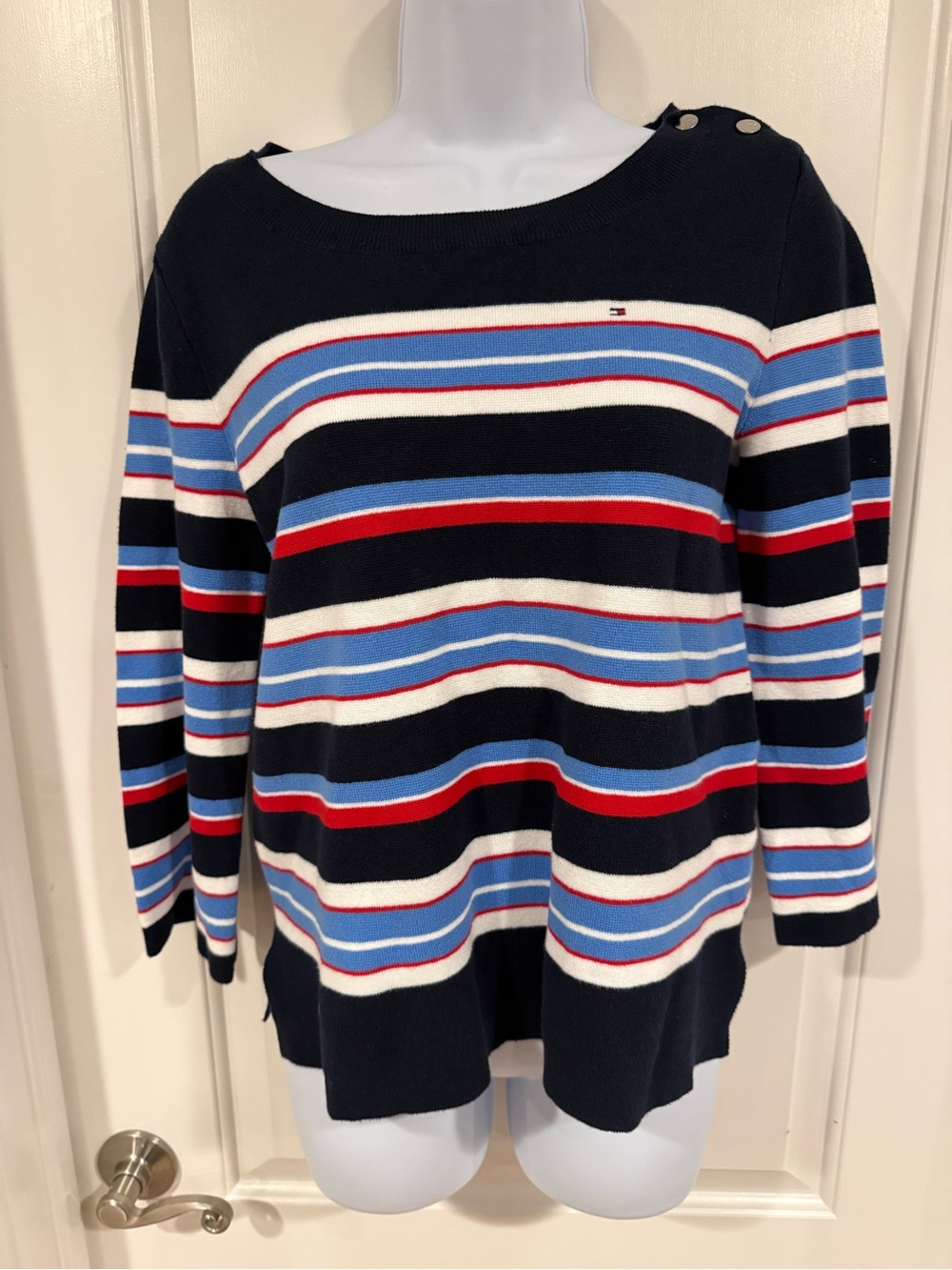 Tommy Hilfiger Navy Striped Crewneck Sweater with Button Shoulder
